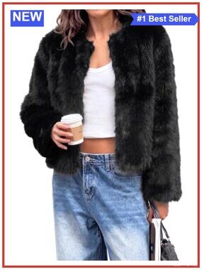 Cropped Faux Fur Coat Long Sleeve Open Front Fluffy Jacket